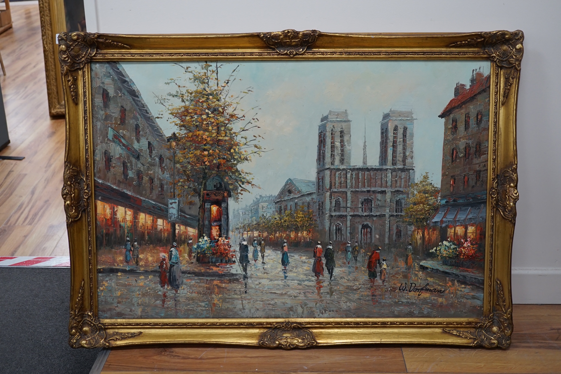 French, oil on canvas, Parisian street scene, indistinctly signed lower right, 59 x 90cm, gilt framed. Condition - good
